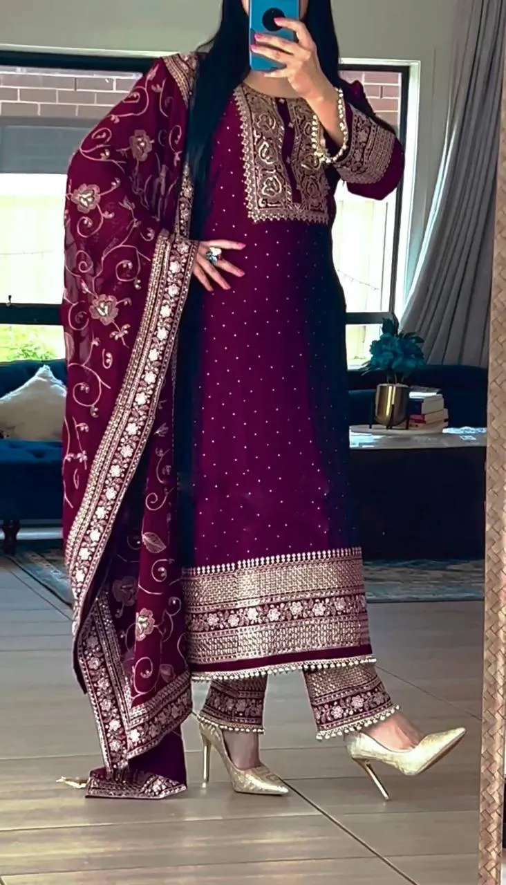 Alluring Purple Color Faux Georgette Heavy Embroidery Sequins Work Salwar Suits For Women