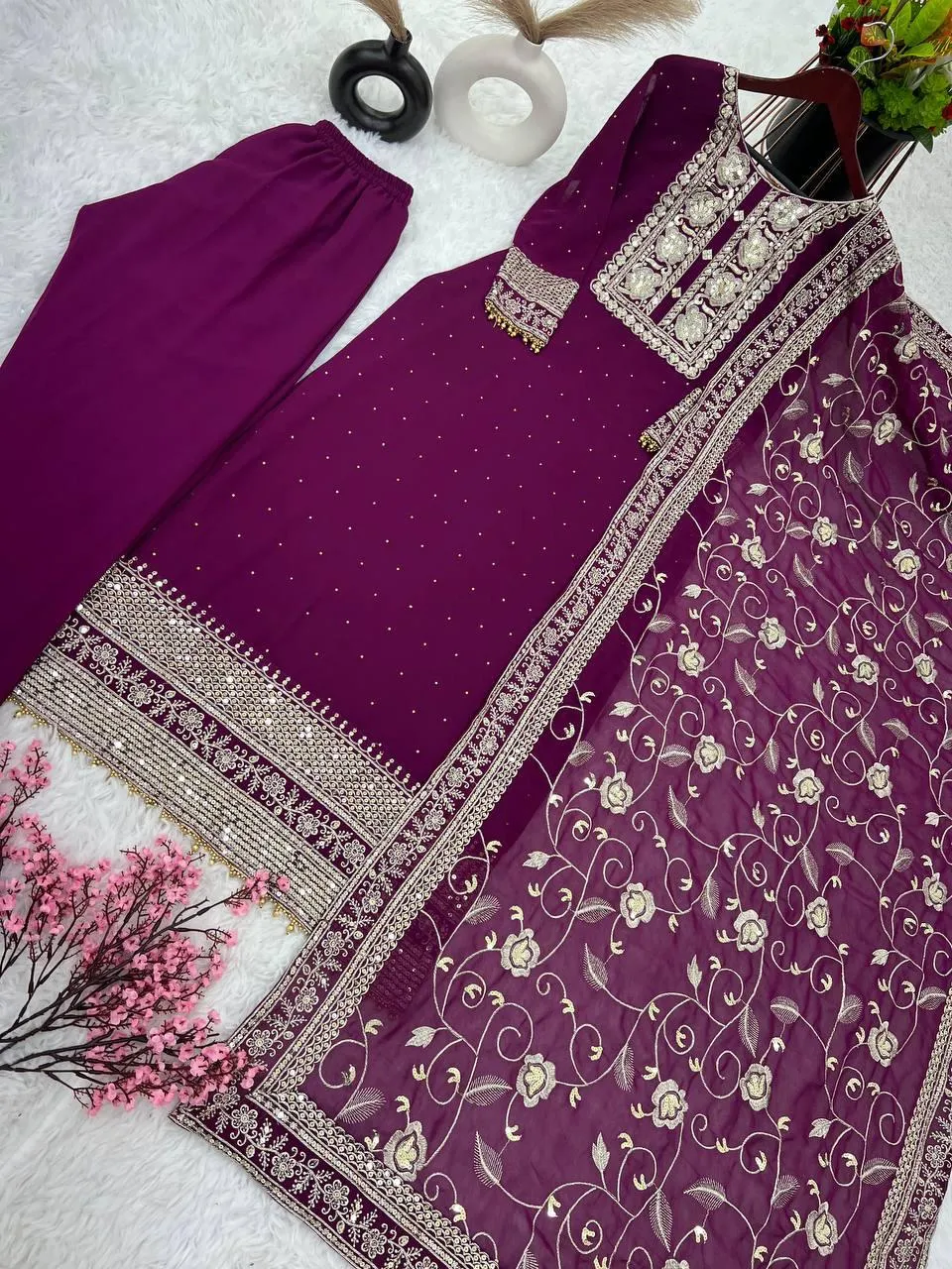 Alluring Purple Color Faux Georgette Heavy Embroidery Sequins Work Salwar Suits For Women