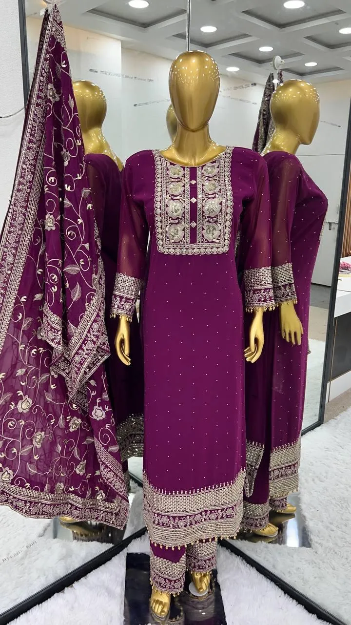 Alluring Purple Color Faux Georgette Heavy Embroidery Sequins Work Salwar Suits For Women