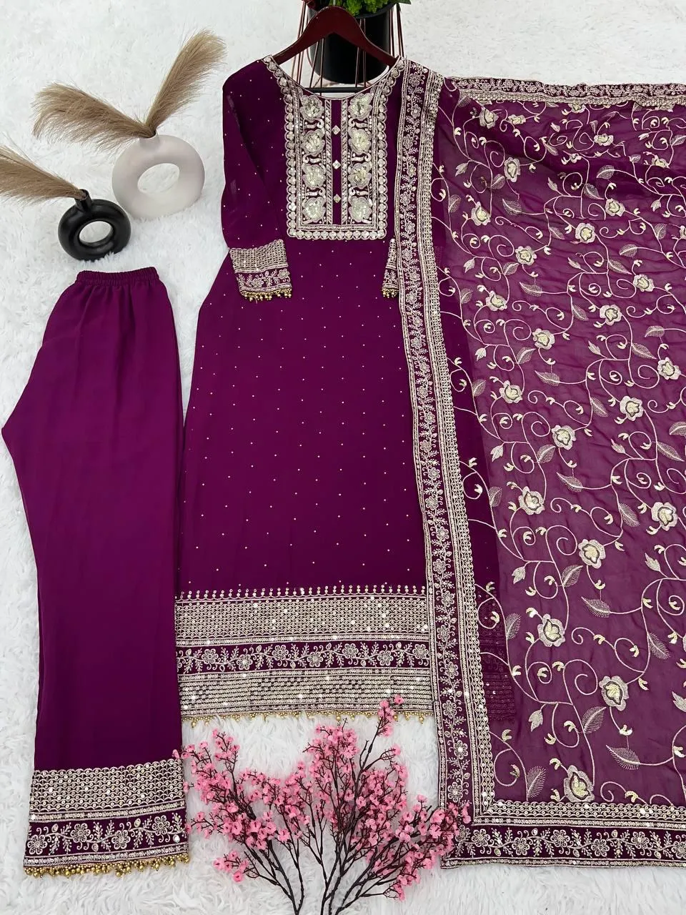Alluring Purple Color Faux Georgette Heavy Embroidery Sequins Work Salwar Suits For Women