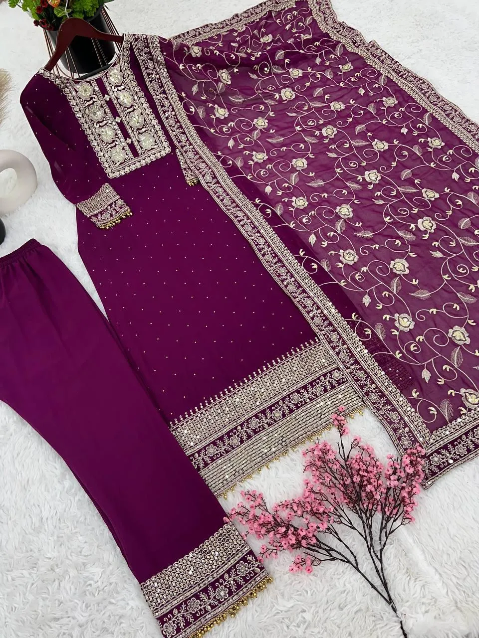 Alluring Purple Color Faux Georgette Heavy Embroidery Sequins Work Salwar Suits For Women