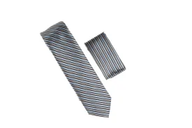 Baby Blue, Gray, Navy & Silver Striped Necktie with Matching Pocket Square