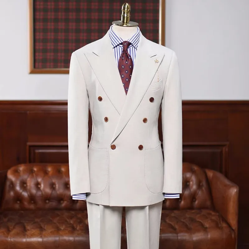 Borg Elegant Cream White Peaked Lapel Double Breasted Prom Outfit