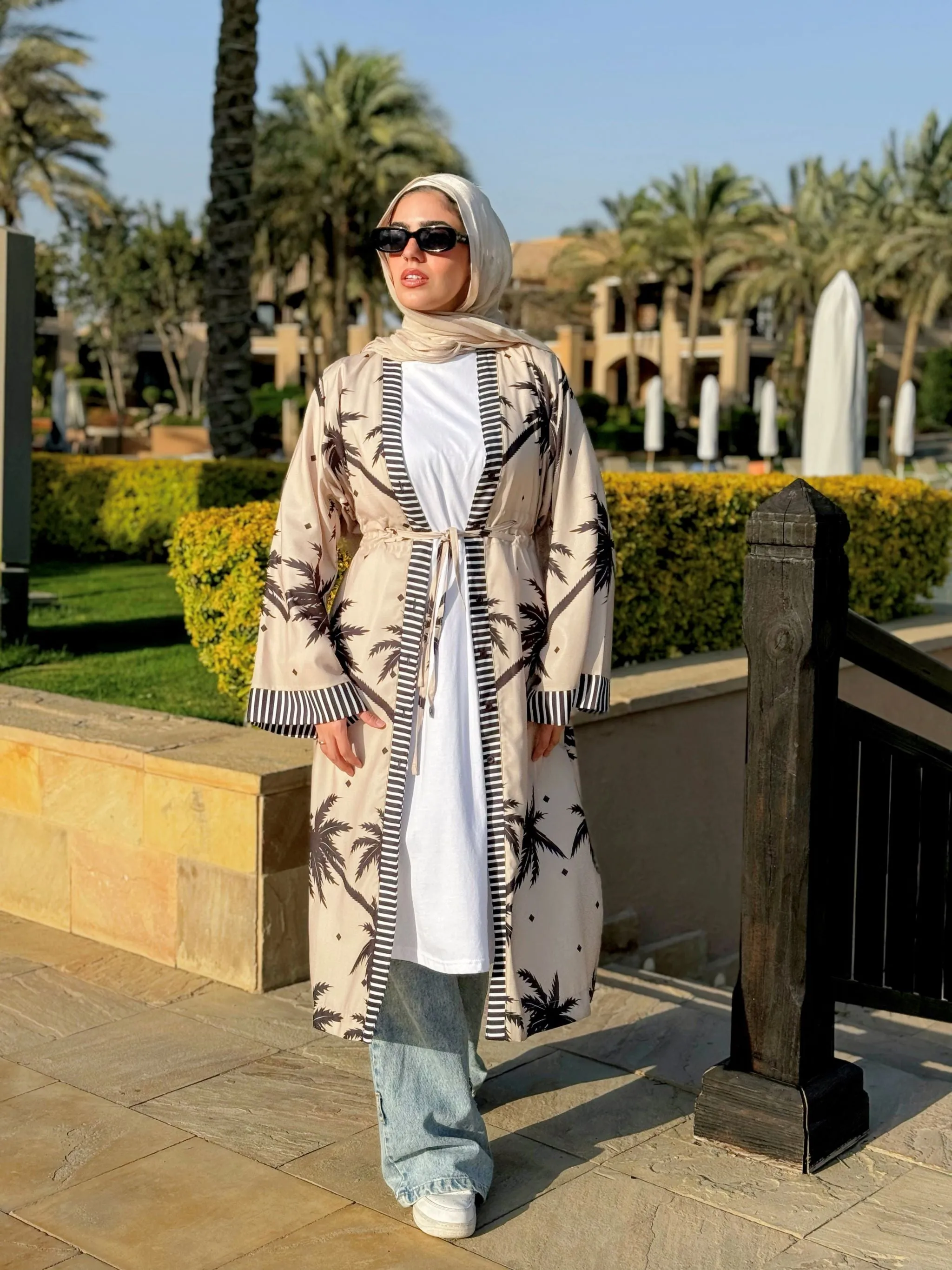 Double Drawstring Printed Cardigan-Beige