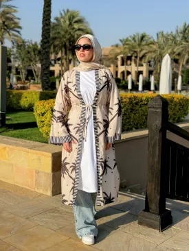 Double Drawstring Printed Cardigan-Beige