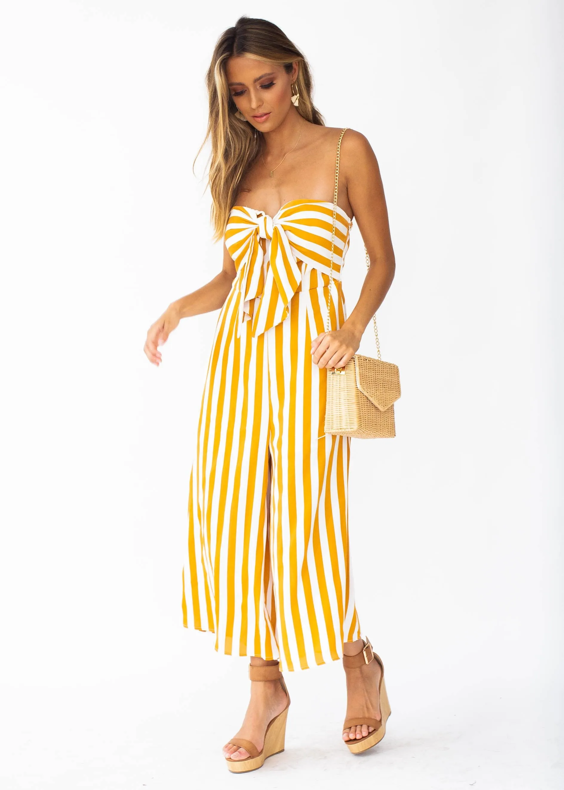 Get To It Strapless Pantsuit - Tangerine Stripe