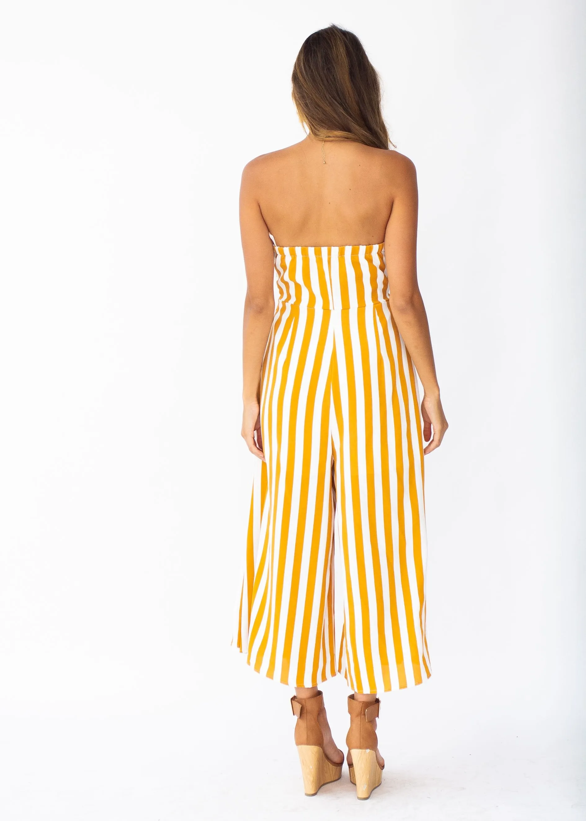 Get To It Strapless Pantsuit - Tangerine Stripe