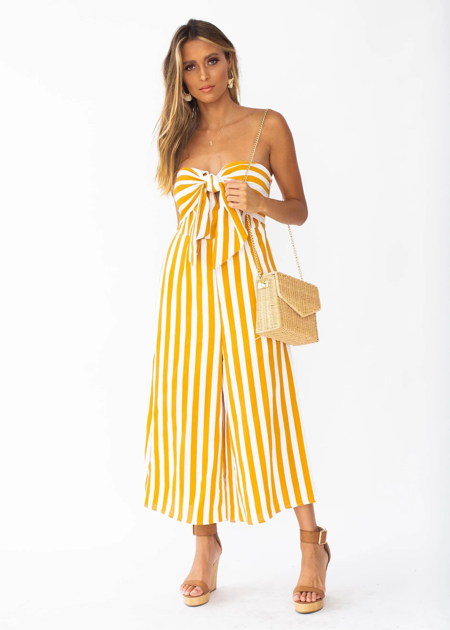 Get To It Strapless Pantsuit - Tangerine Stripe