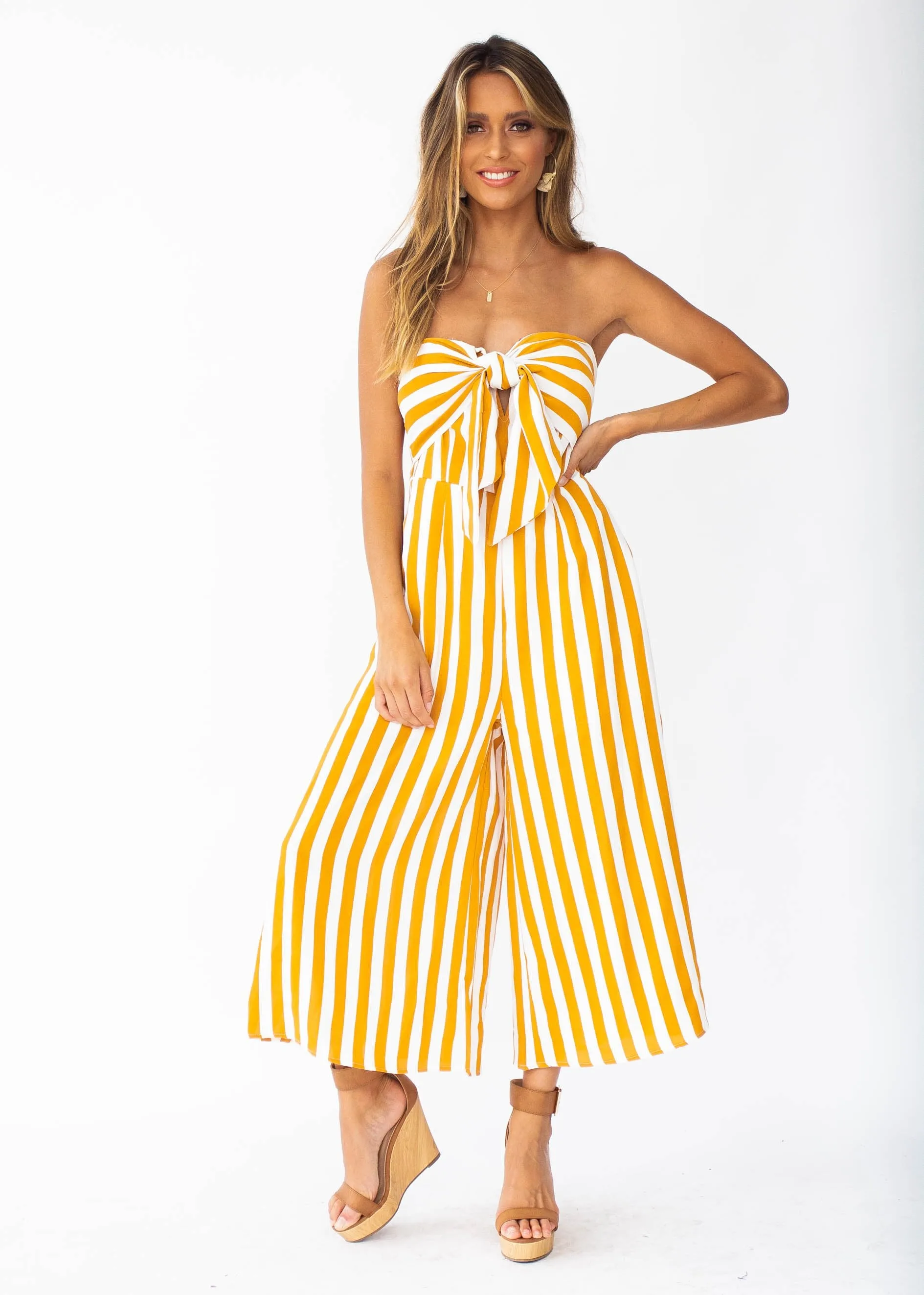 Get To It Strapless Pantsuit - Tangerine Stripe
