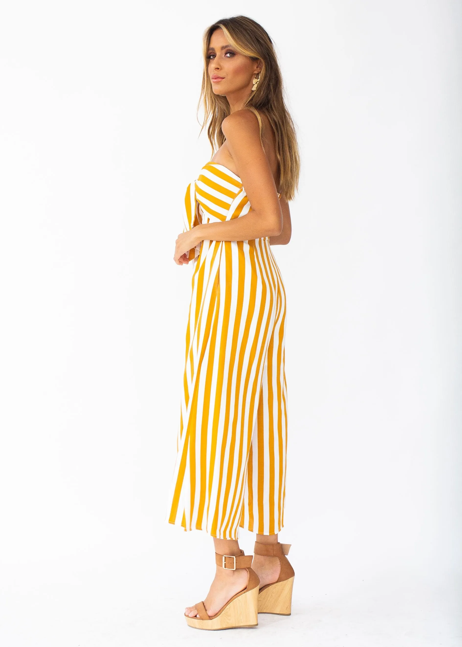 Get To It Strapless Pantsuit - Tangerine Stripe
