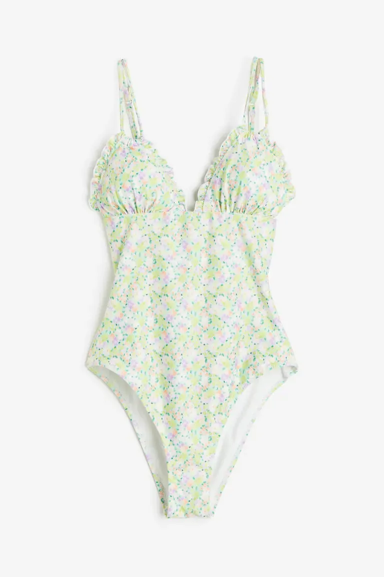 H&M cut-out swimsuit, light green/floral