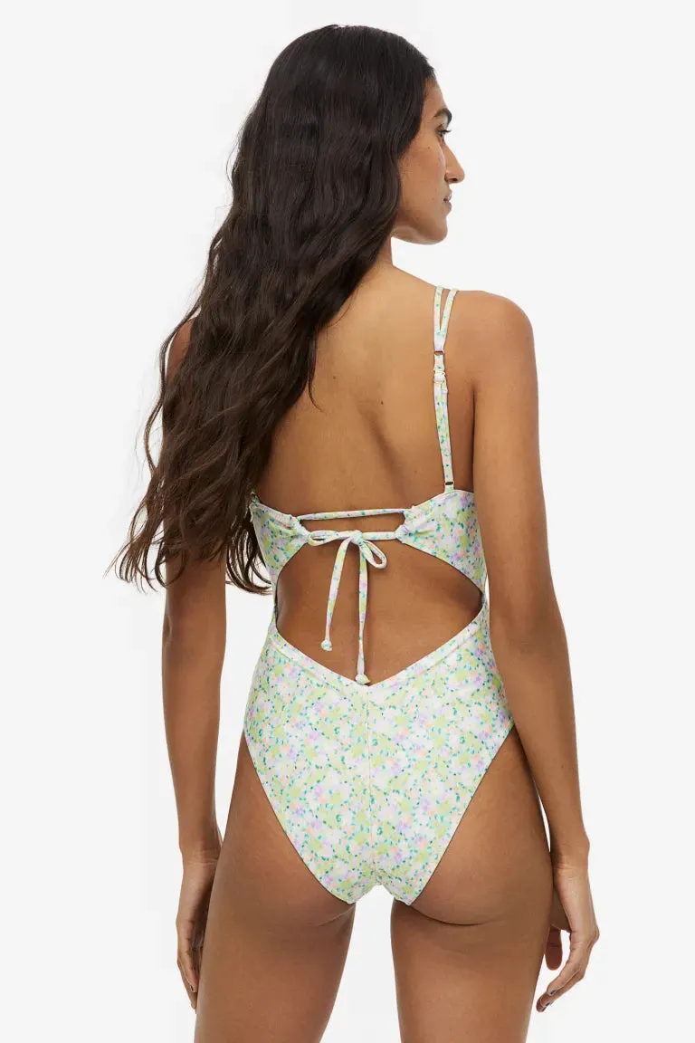 H&M cut-out swimsuit, light green/floral