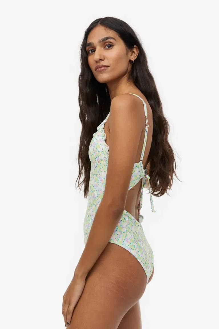 H&M cut-out swimsuit, light green/floral