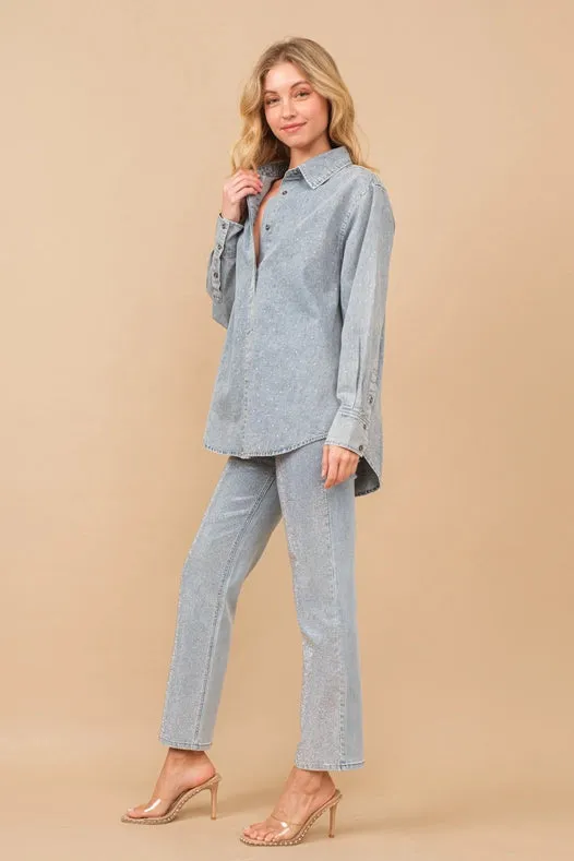 High Rise Rhinestone Suds At Front Denim Jeans Light Wash