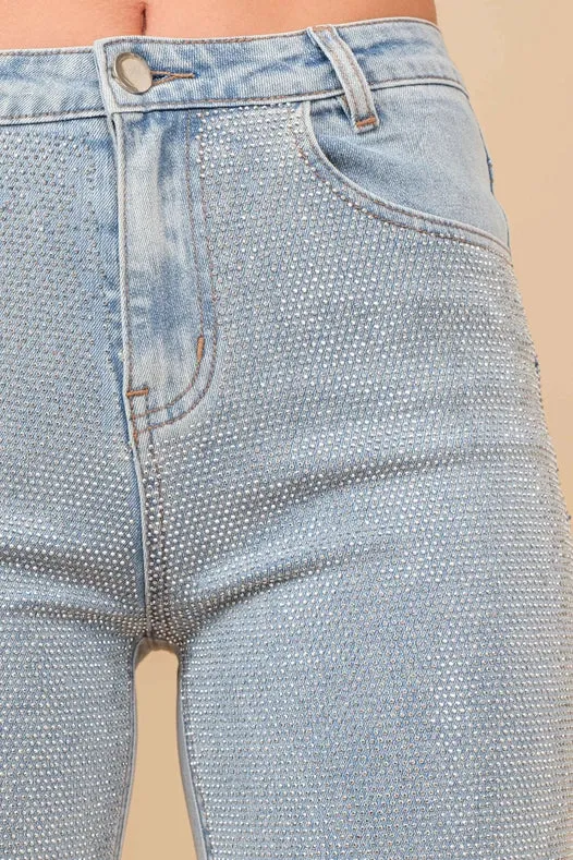 High Rise Rhinestone Suds At Front Denim Jeans Light Wash