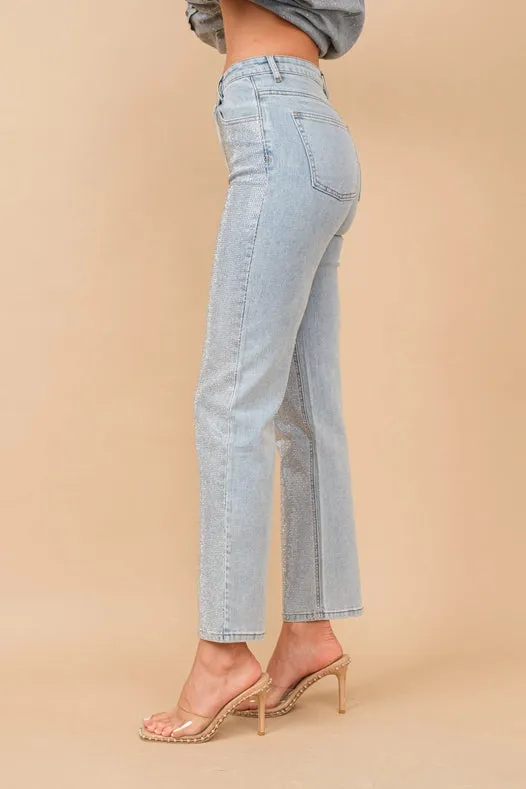 High Rise Rhinestone Suds At Front Denim Jeans Light Wash