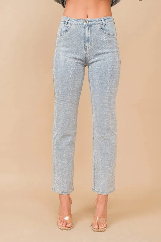 High Rise Rhinestone Suds At Front Denim Jeans Light Wash
