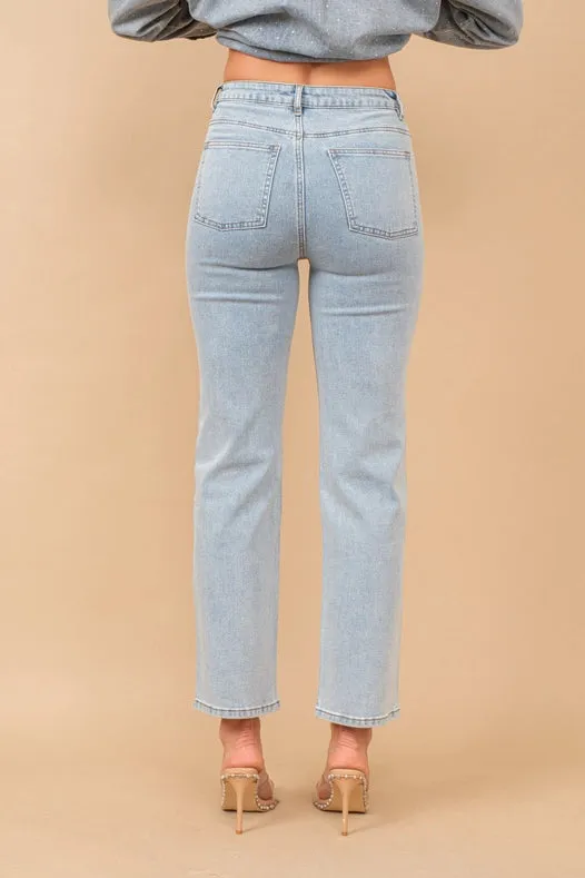 High Rise Rhinestone Suds At Front Denim Jeans Light Wash