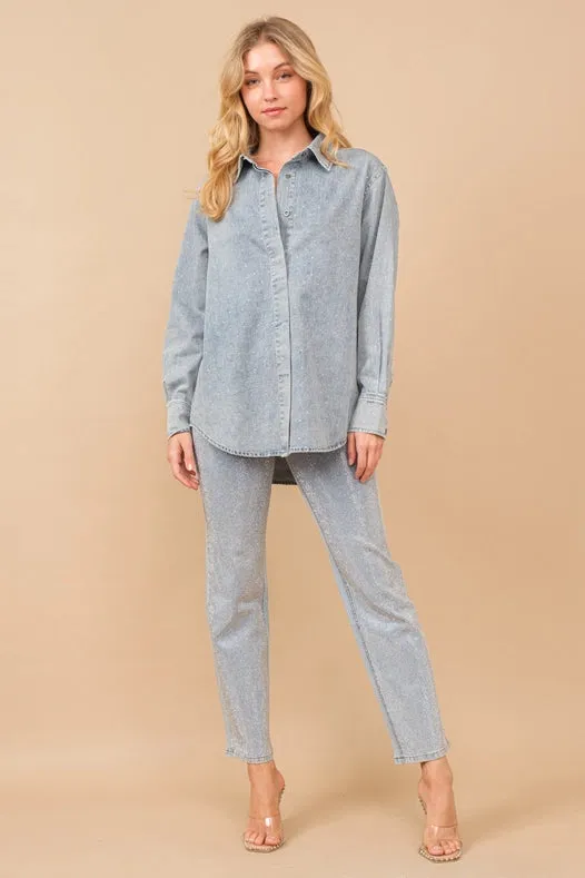 High Rise Rhinestone Suds At Front Denim Jeans Light Wash
