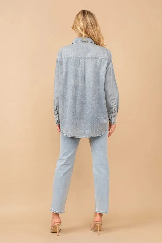 High Rise Rhinestone Suds At Front Denim Jeans Light Wash