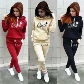 Hot women's 2-piece QUEEN print sports suit sportswear jogging suit women's hooded sportswear suit clothes hoodie sweatpants