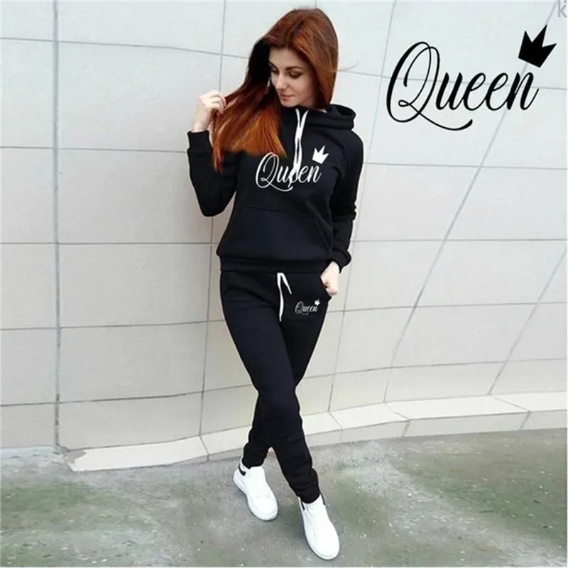 Hot women's 2-piece QUEEN print sports suit sportswear jogging suit women's hooded sportswear suit clothes hoodie sweatpants