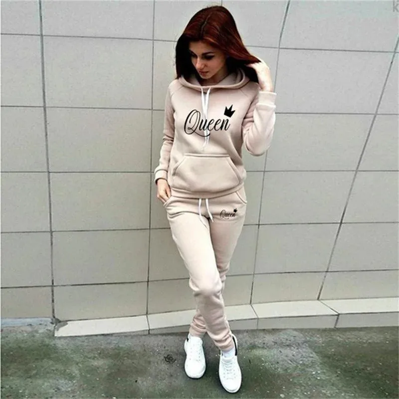 Hot women's 2-piece QUEEN print sports suit sportswear jogging suit women's hooded sportswear suit clothes hoodie sweatpants
