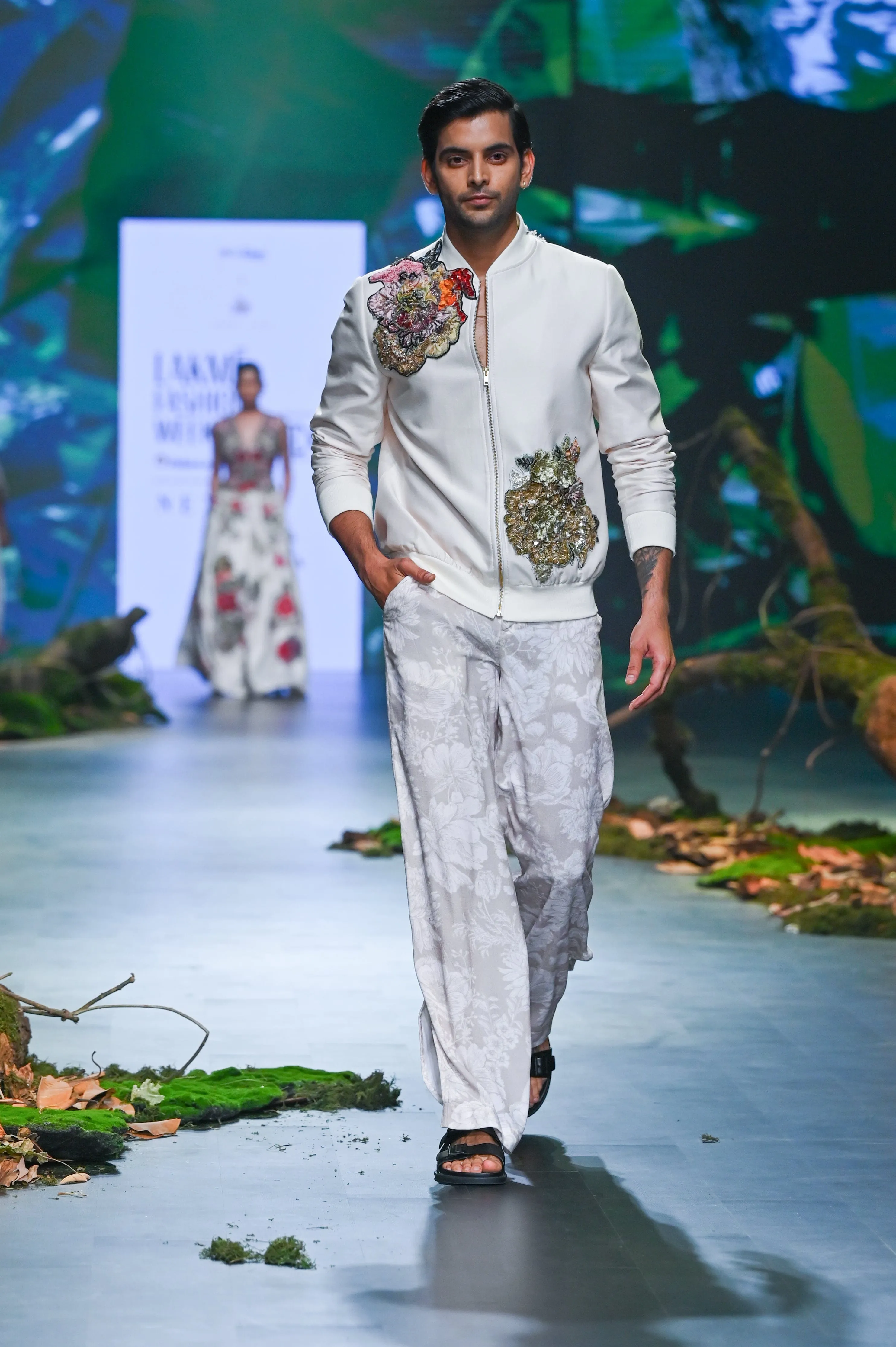 Ivory Printed & Embroidered Bomber Jacket Set
