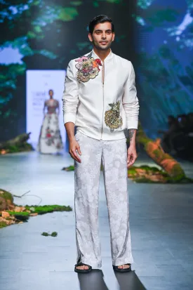 Ivory Printed & Embroidered Bomber Jacket Set