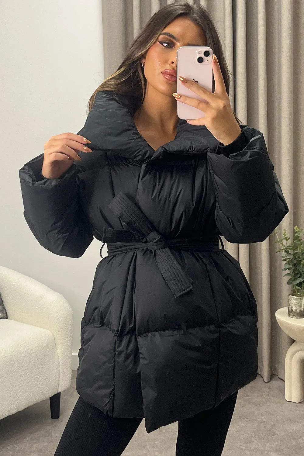 Lana Black Belted Padded Duvet Coat