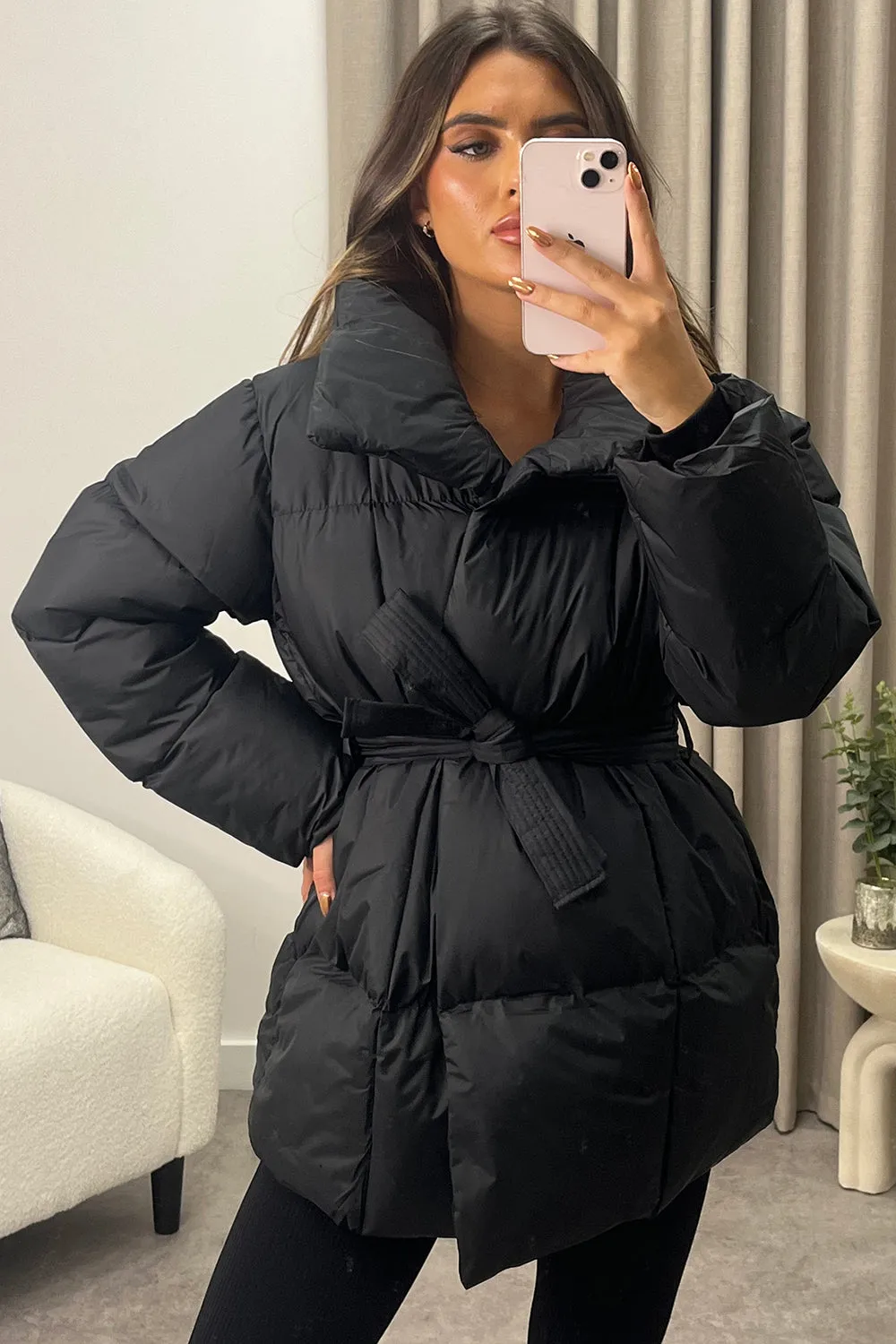 Lana Black Belted Padded Duvet Coat