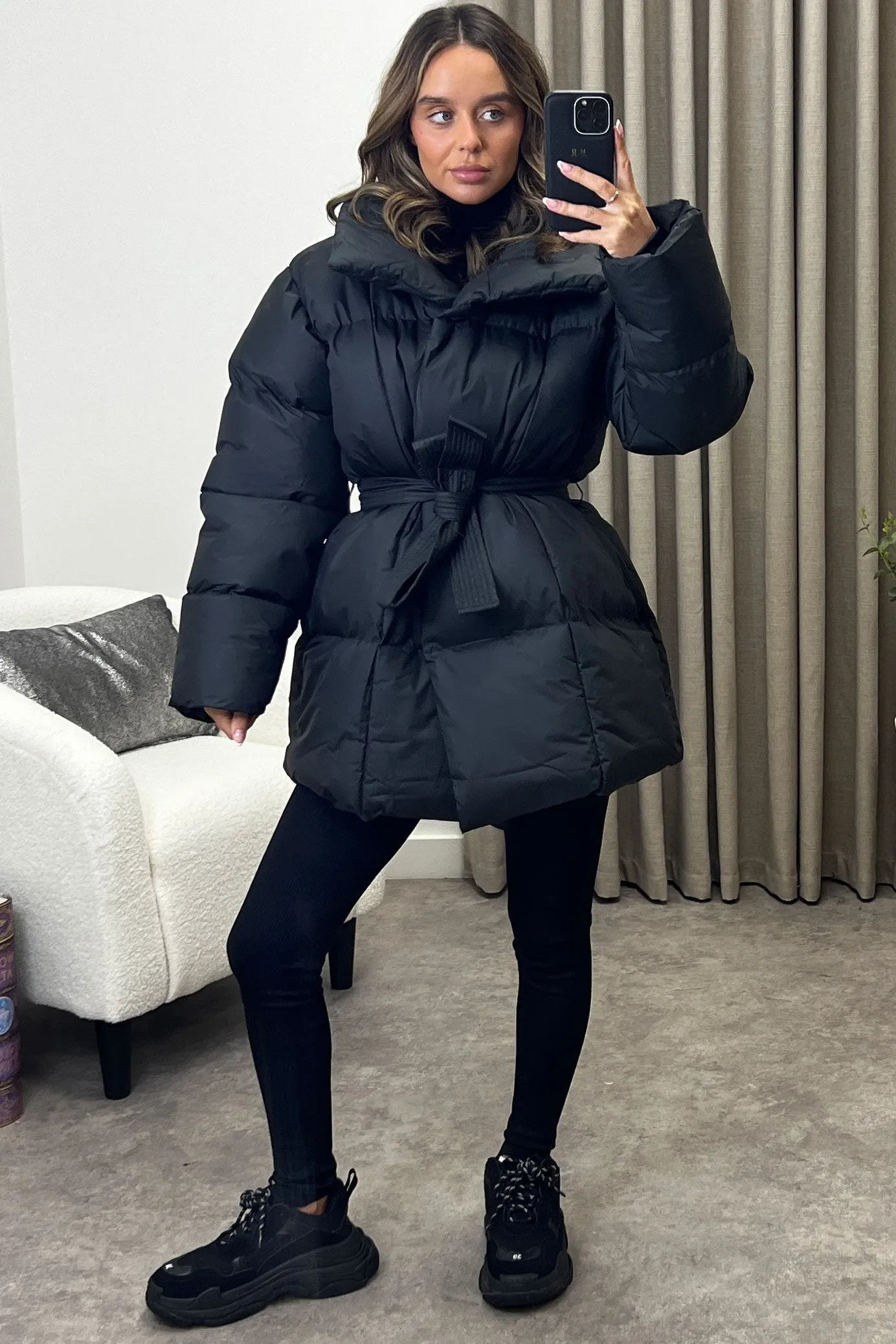 Lana Black Belted Padded Duvet Coat