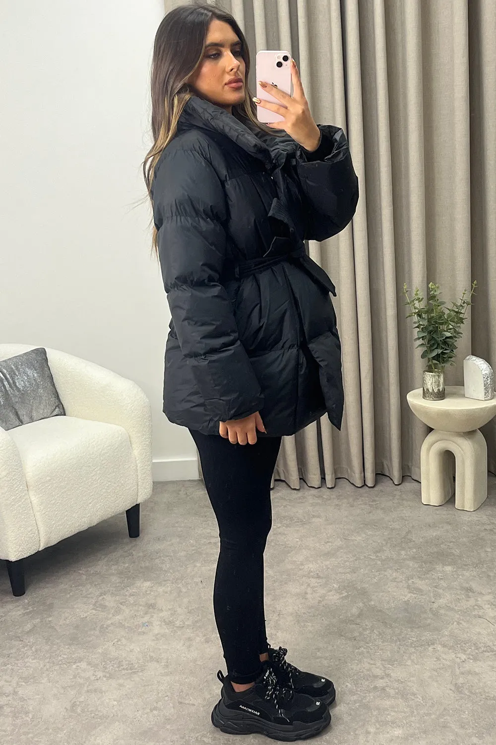 Lana Black Belted Padded Duvet Coat