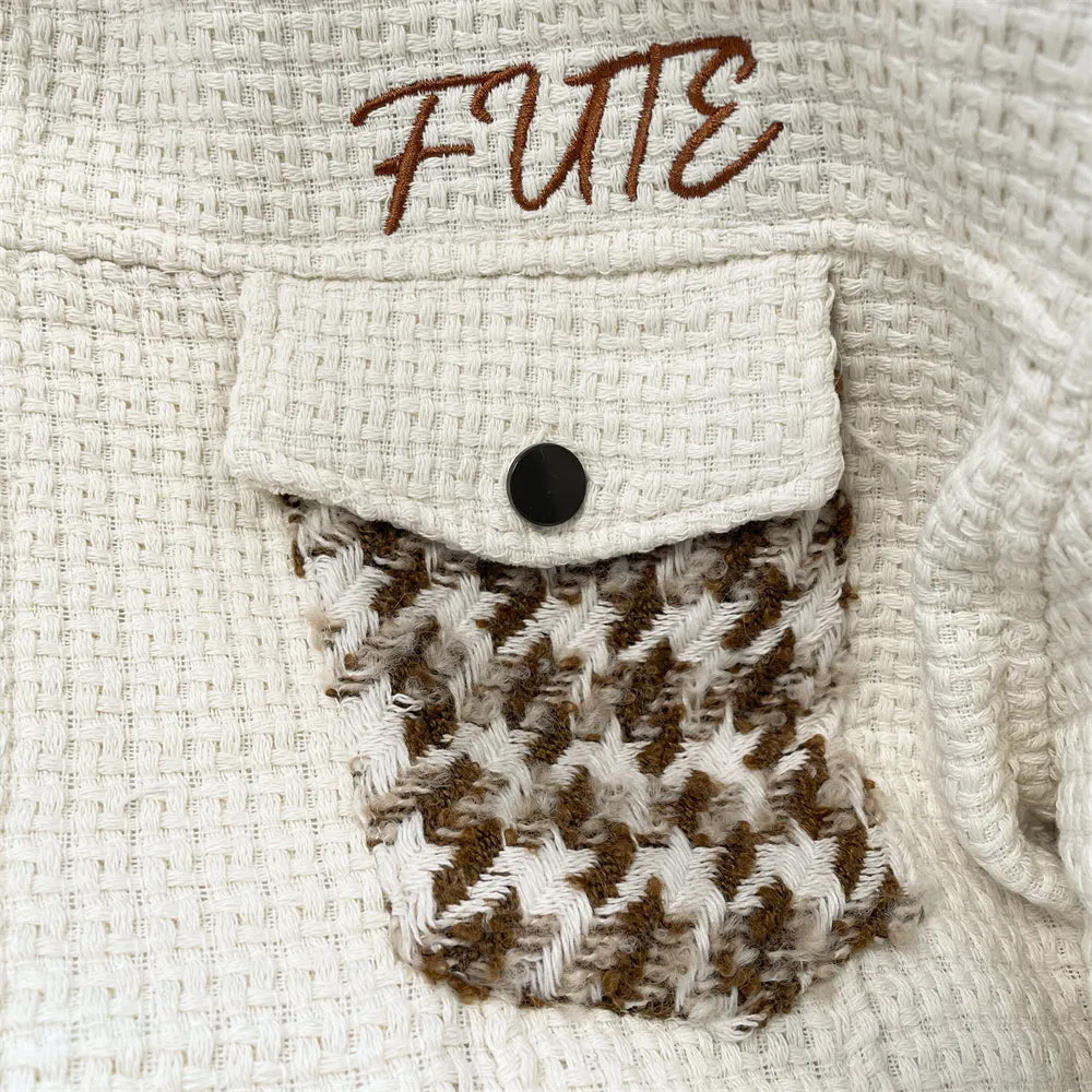 Lapeled Houndstooth Patchwork Baseball Jacket