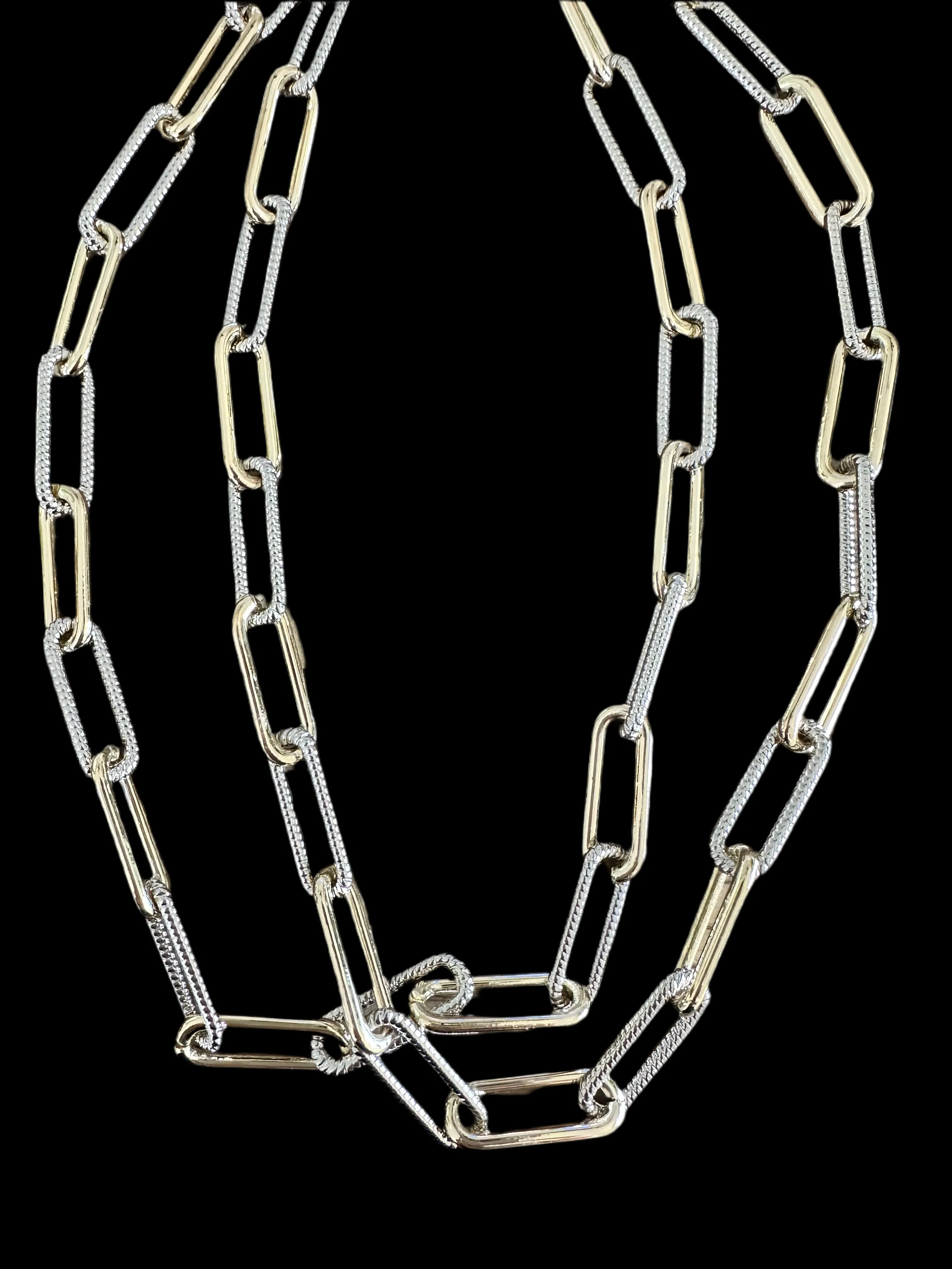 Large Two Tone Textured Paperclip Necklace-36"