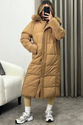Melanie Beige Faux Fur Hooded Padded Longline Coat