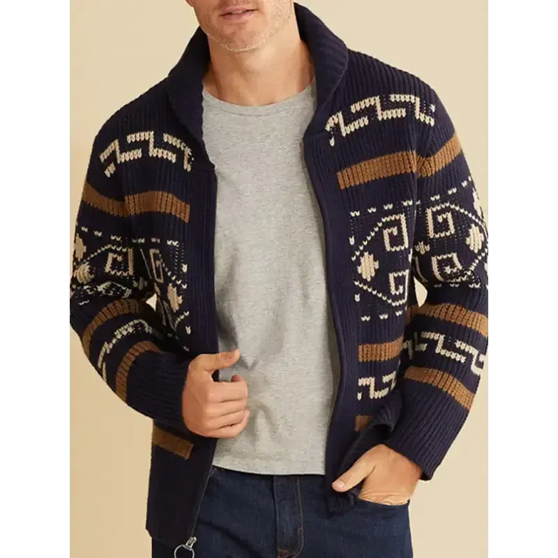 Men’s casual lapel jacquard knitted jacket
