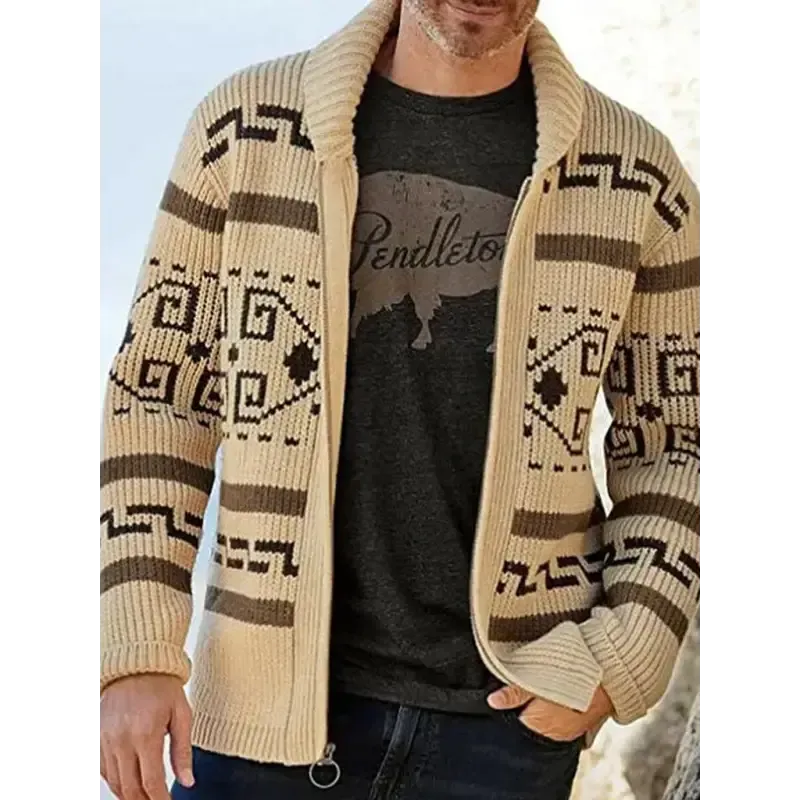 Men’s casual lapel jacquard knitted jacket