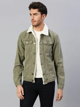 Men's Regular Fit Long Sleeve Button Down Fur Collar Denim Jacket Winterwear Shearling Jacket (Dark Olive)