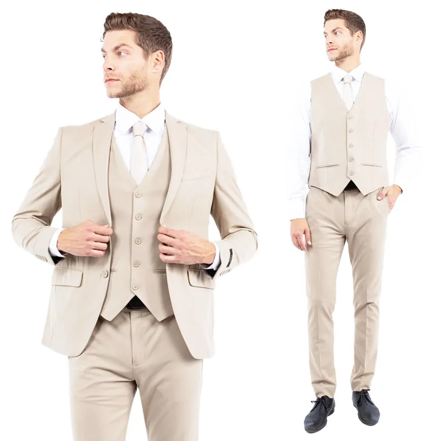 Mens Suit 4-Way Stretch 3pc w/ Expandable Waistband, Tan