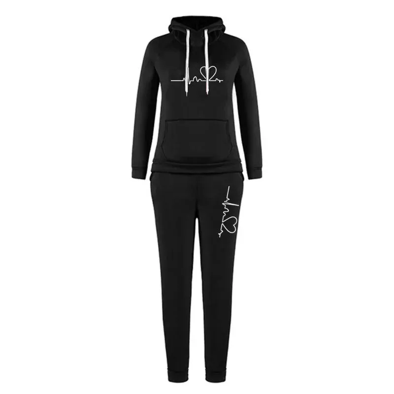 New Fun Heartbeat Line Printed Women's Sweatshirt Suit Hooded Pants Suit Women's Jogging Sweatshirt Two Piece Set