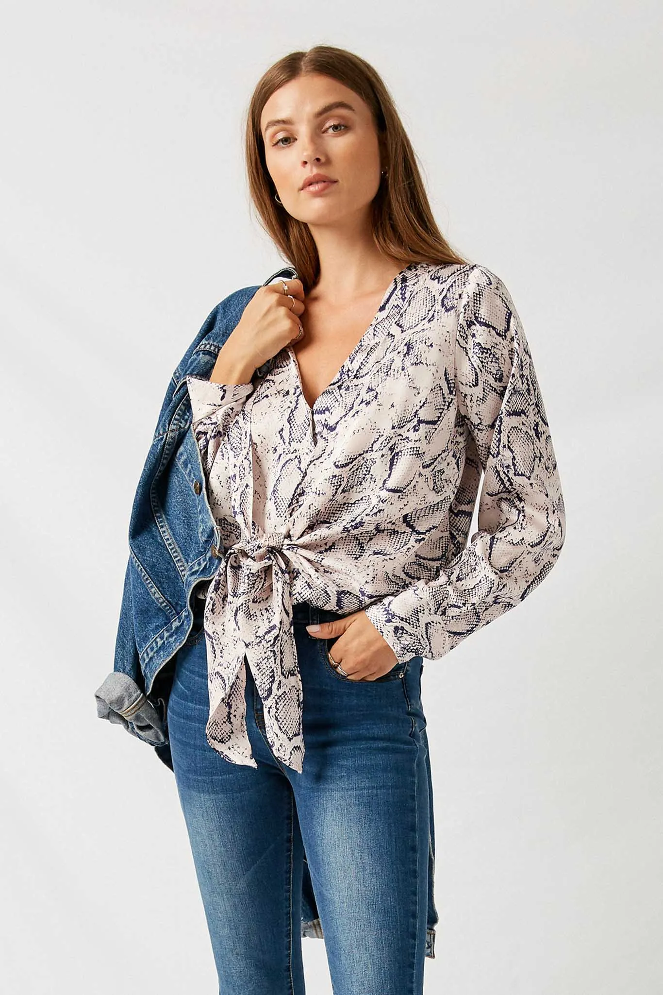 Snakeskin Tie-Front Blouse