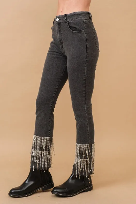 Washed Stretch Fitted Rhinestone Fringe Crop Jeans  Charcoal