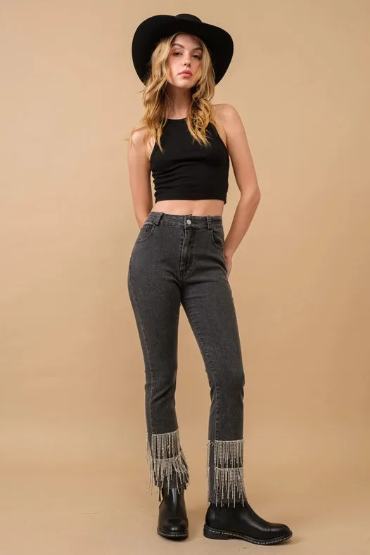Washed Stretch Fitted Rhinestone Fringe Crop Jeans  Charcoal