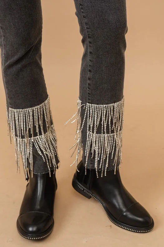 Washed Stretch Fitted Rhinestone Fringe Crop Jeans  Charcoal