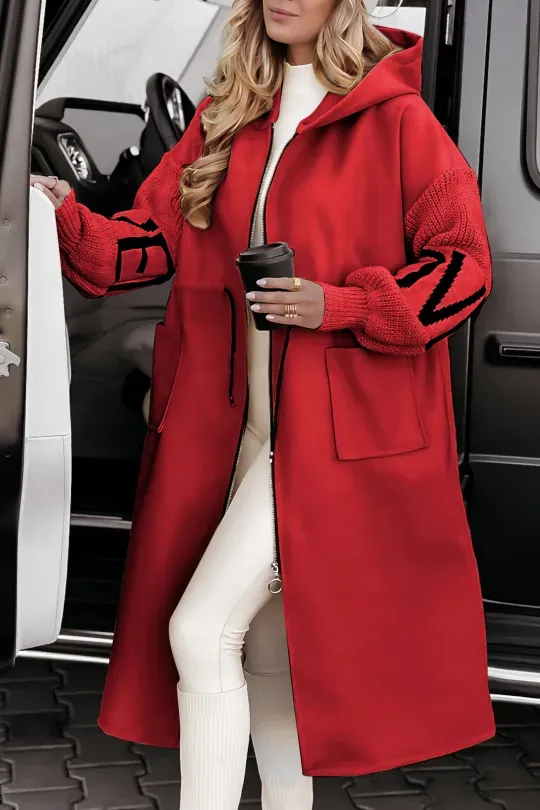Women's Casual Hooded Jacket With Long Knitted Sleeves And Patchwork Design | Ideal for Autumn/Winter