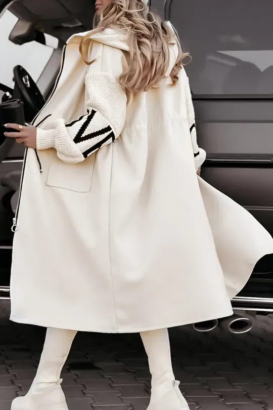 Women's Casual Hooded Jacket With Long Knitted Sleeves And Patchwork Design | Ideal for Autumn/Winter