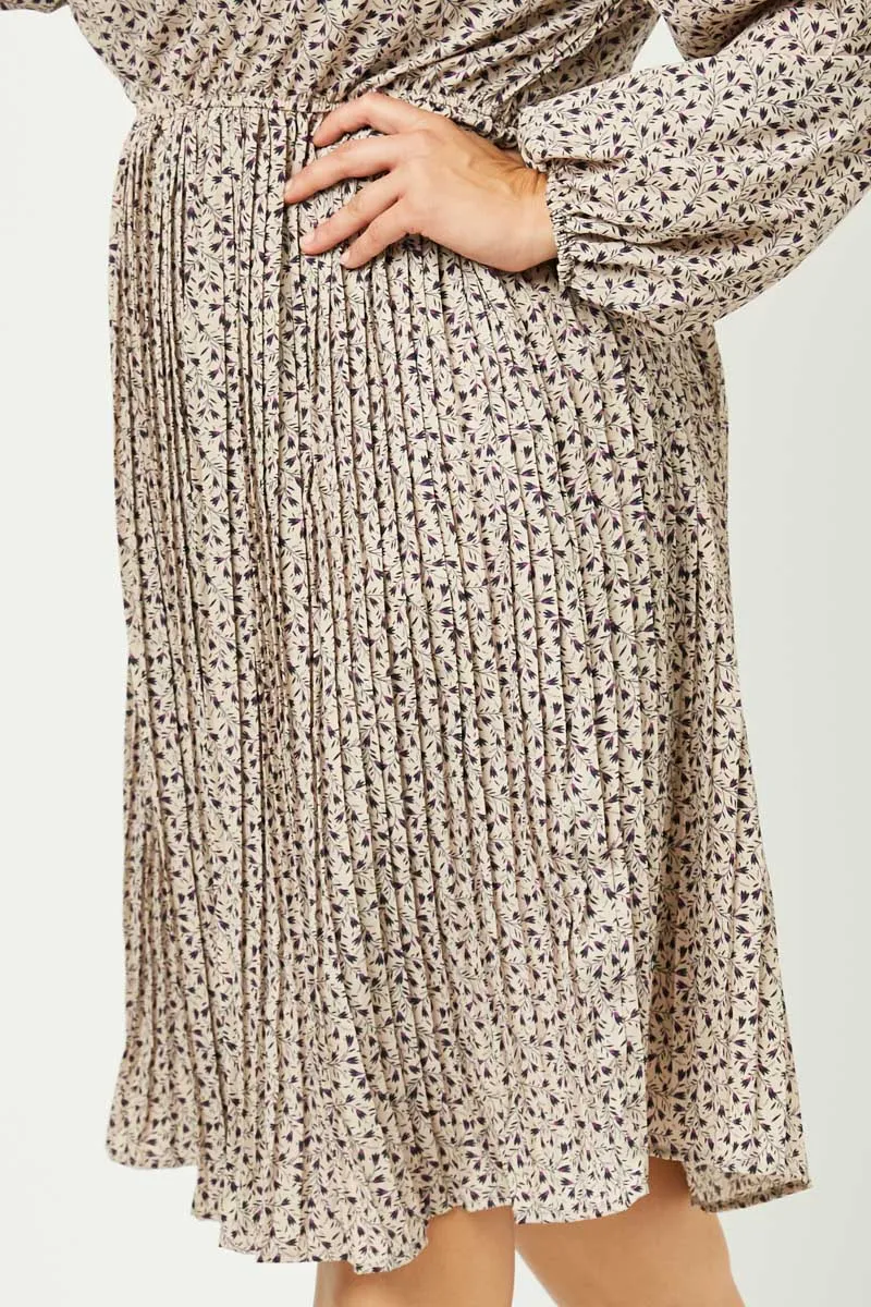 Womens Ditsy Print Pleated Skirt Midi Dress