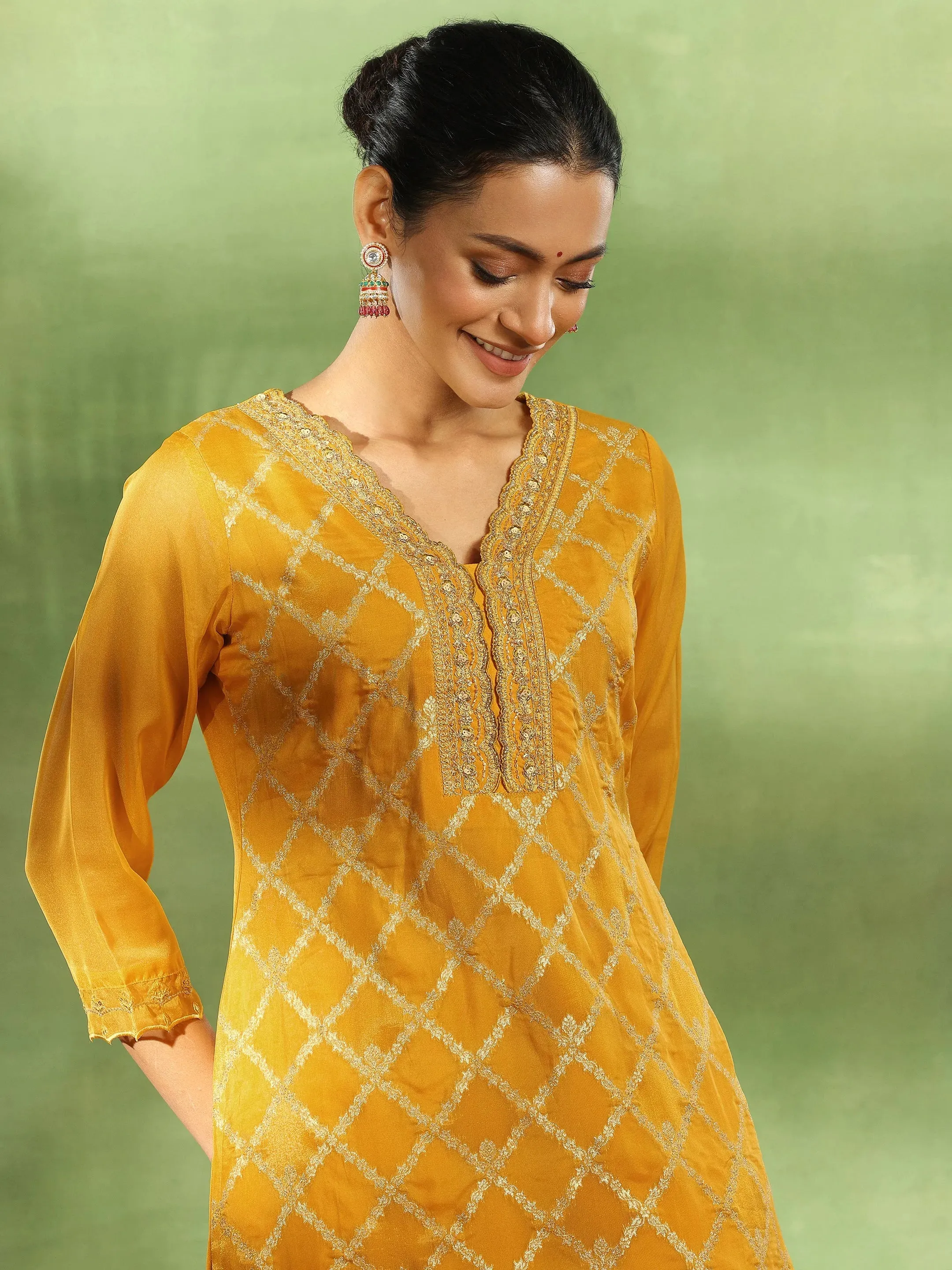 Yellow Woven Design Organza Straight Suit With Dupatta